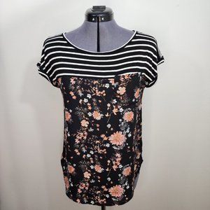 Rewind, Mixed Fabric, Floral & Striped Capped Sleeve Shirt